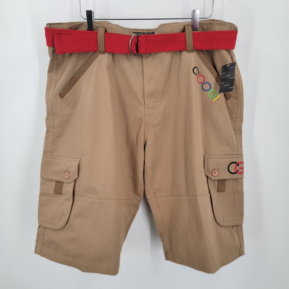 Coogi Shorts Mens 40 Tan Khaki Cargo Embroidered Pockets Belted